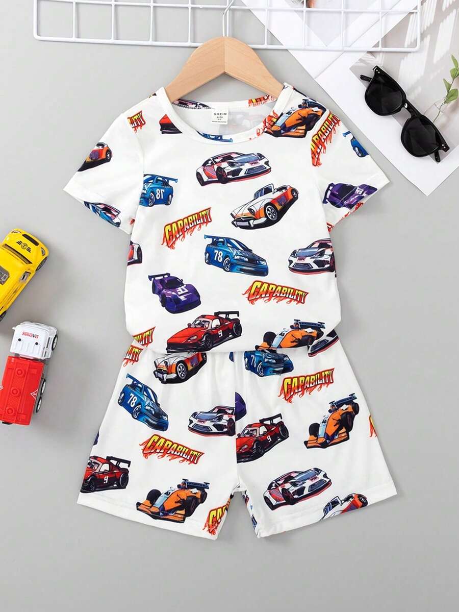 Young Boys Casual Printed Crew Neck Short Sleeve T-Shirt and Shorts Set
