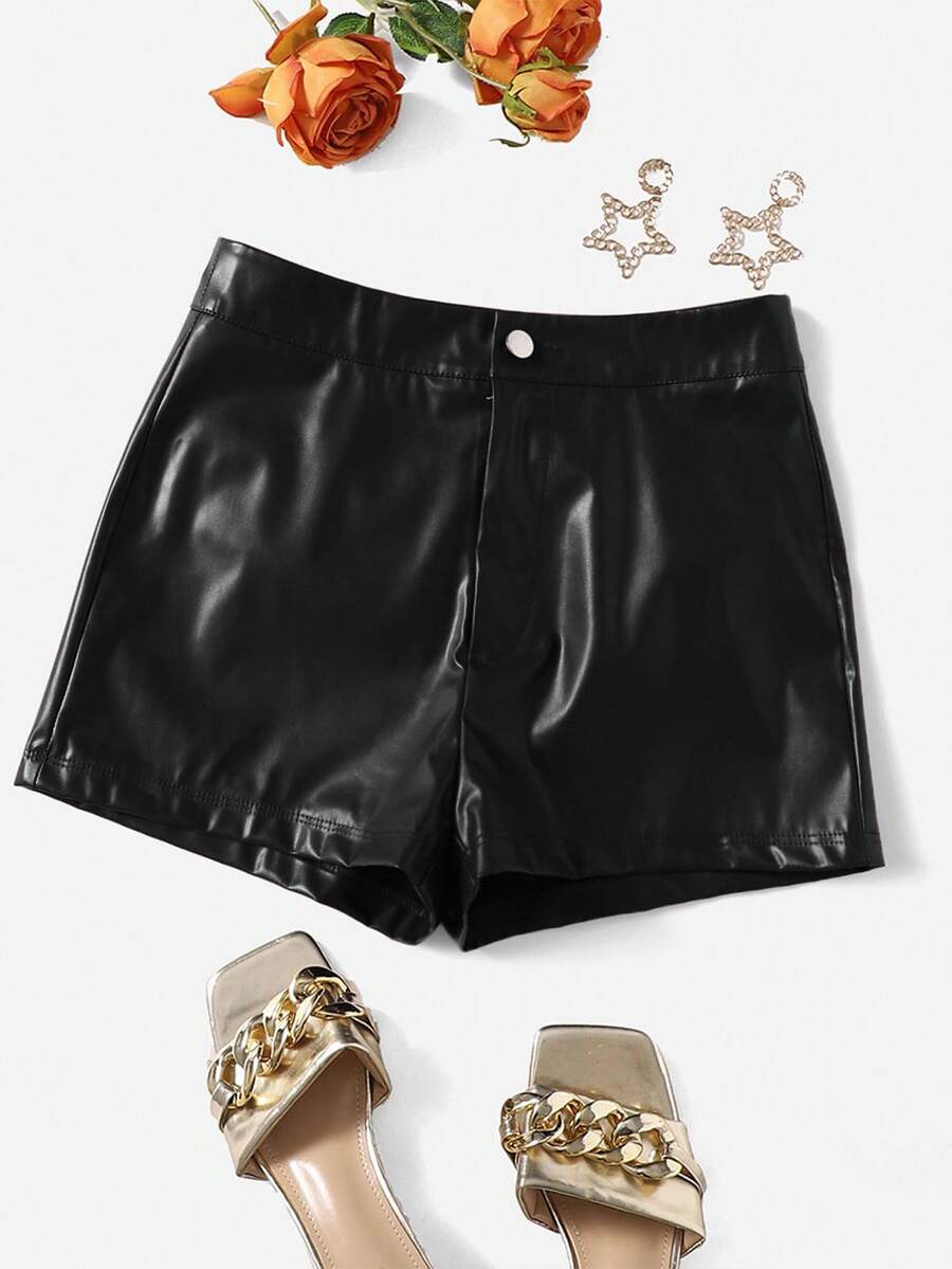 Girls solid color PU leather shorts, black, high waist shorts, suitable for daily, party, casual, commuting