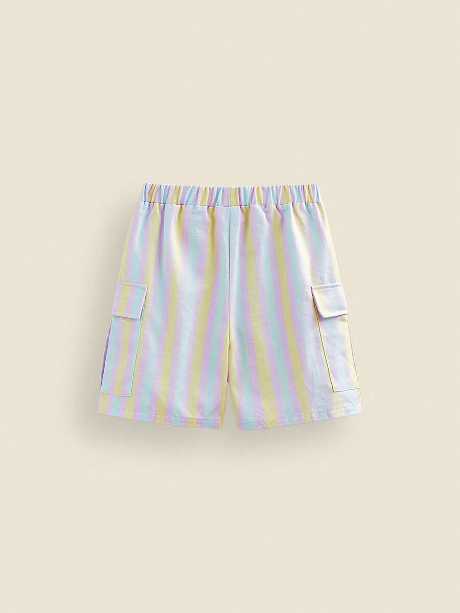 Spring and summer back-to-school Tween boys' striped printed woven casual loose cargo shorts