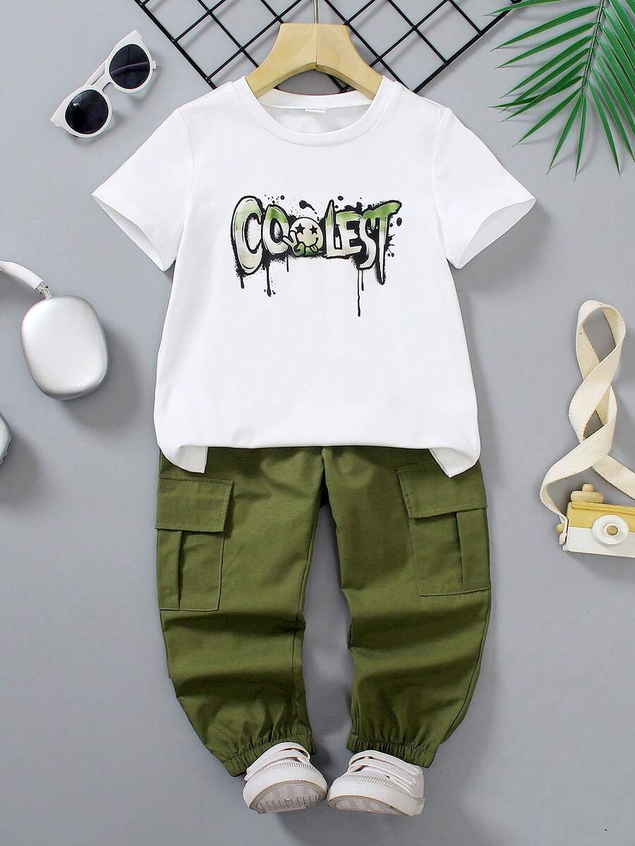 A two-piece boy's suit, including a white short-sleeved T-shirt with 