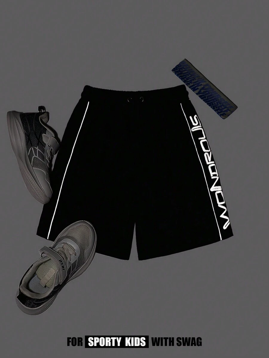 Boys' woven color block reflective beam top shorts with printed monogram Boys' woven color block reflective beam top shorts with printed monogram