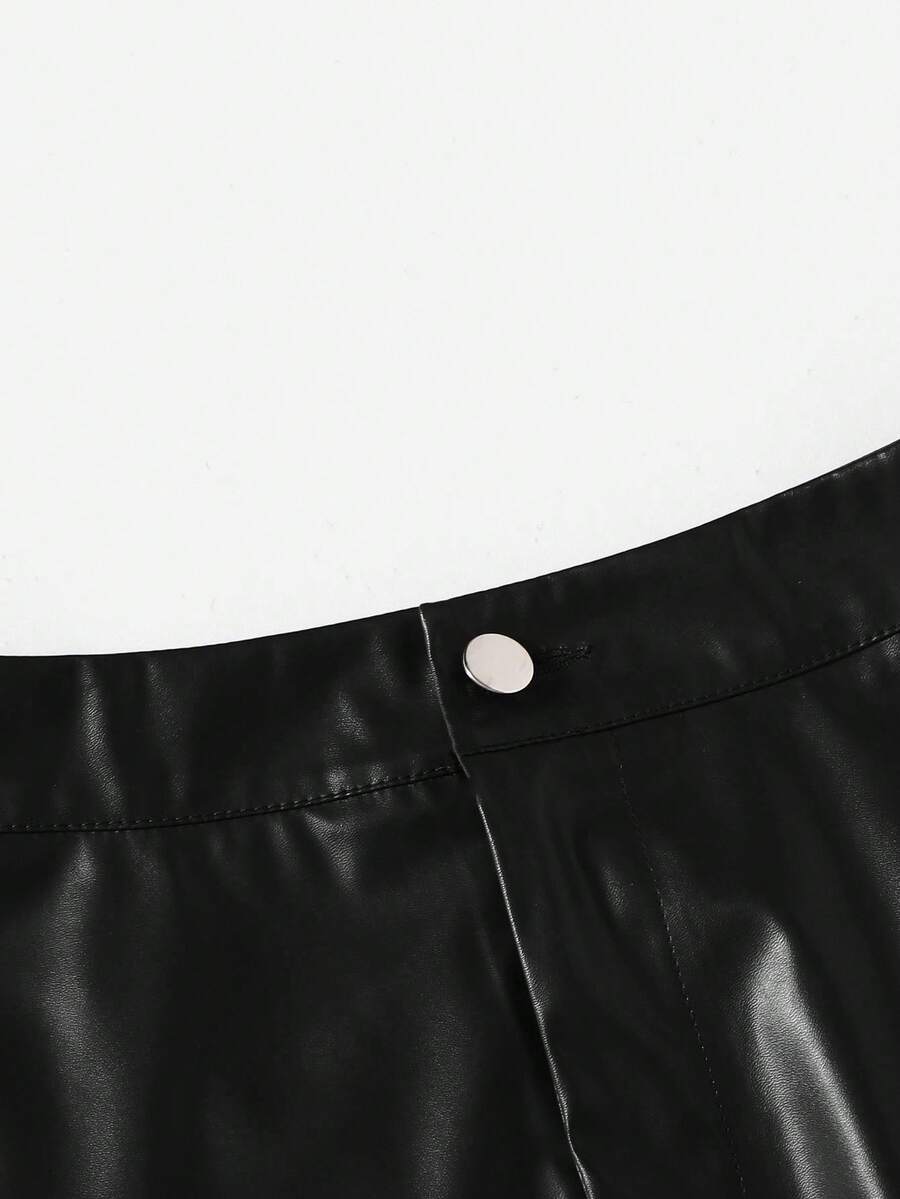 Girls solid color PU leather shorts, black, high waist shorts, suitable for daily, party, casual, commuting