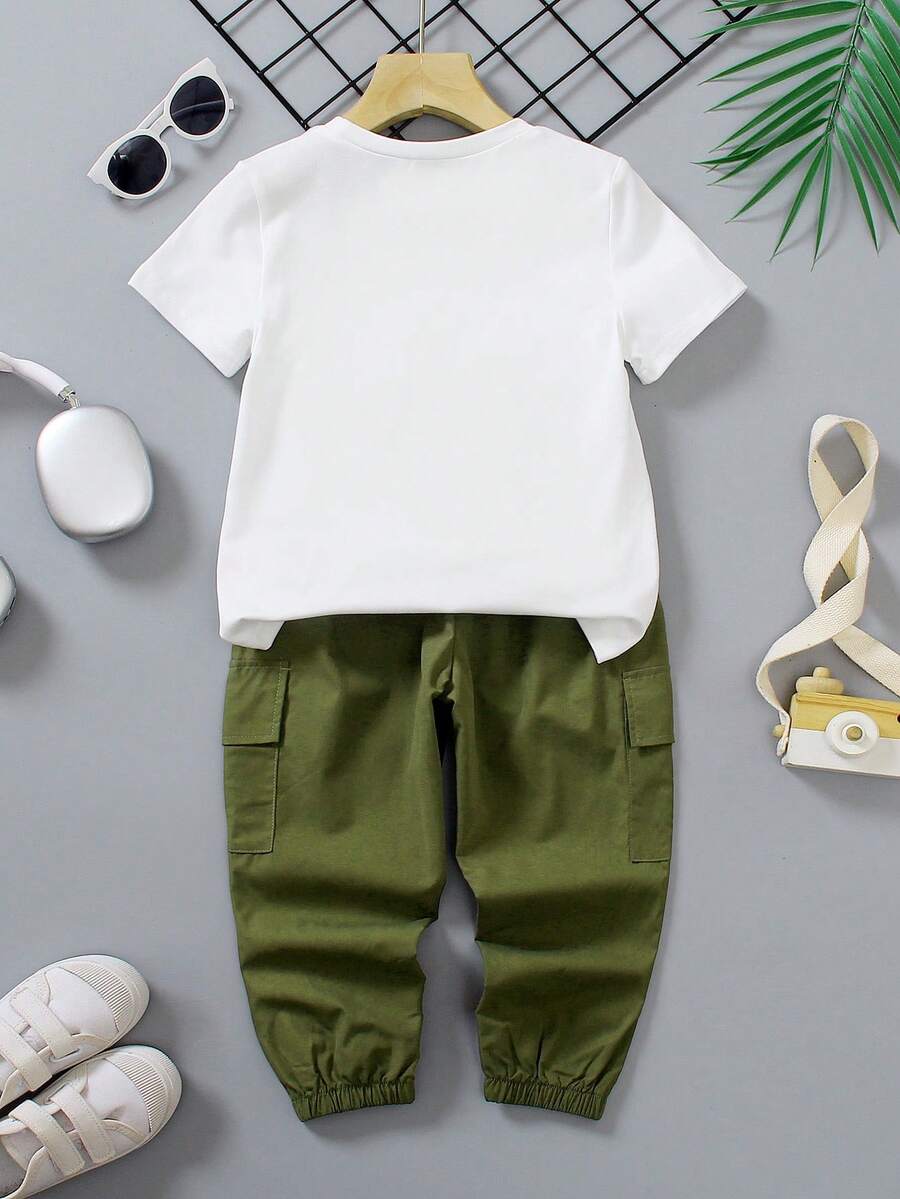 A two-piece boy's suit, including a white short-sleeved T-shirt with 