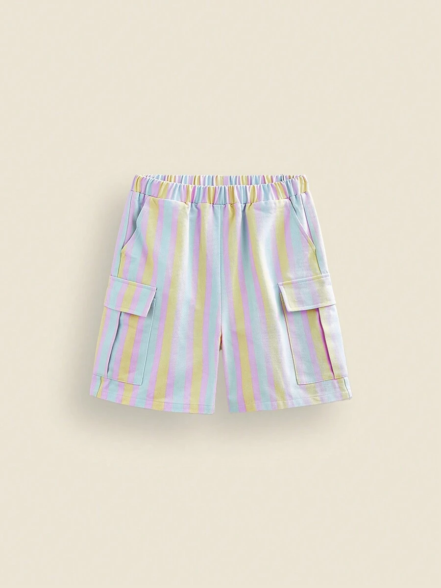 Spring and summer back-to-school Tween boys' striped printed woven casual loose cargo shorts