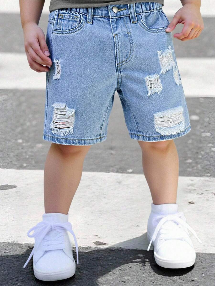 New summer products for boys' jeans: fashionable casual denim shorts, light blue denim, retro distressed hole design, straight and loose fit, comfortable and soft fabric.