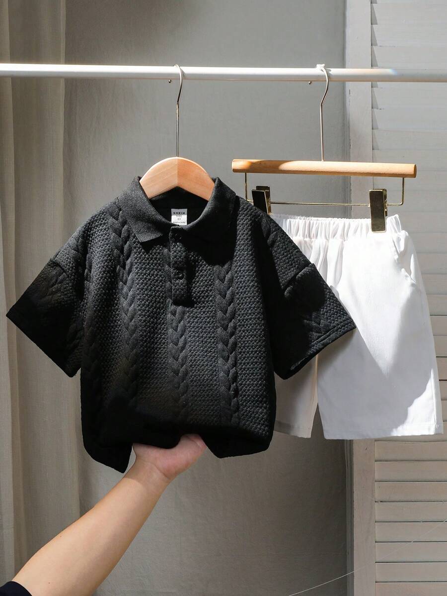 piece for children, young boys, casual Japanese and Korean preppy style, comfortable, fashionable, simple and practical, versatile, soft and comfortable, loose Japanese and Korean style textured fabric, breathable and comfortable short-sleeved Polo shirt 