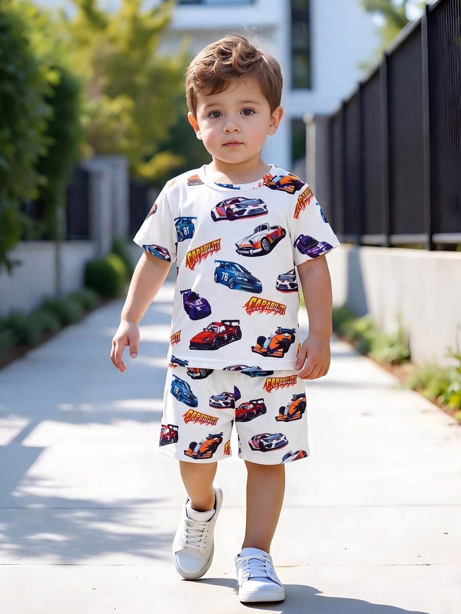 Young Boys Casual Printed Crew Neck Short Sleeve T-Shirt and Shorts Set