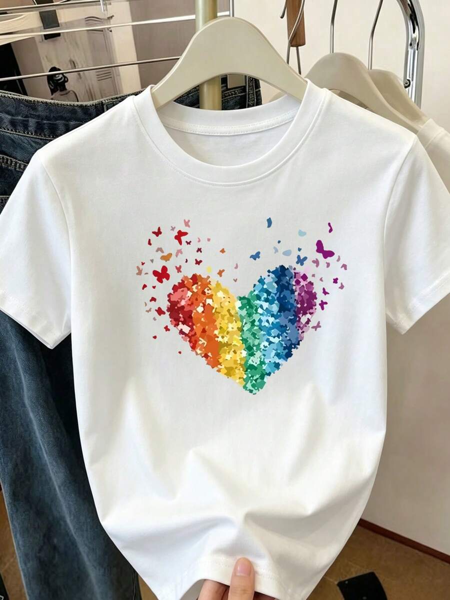 Girls student casual printed white round neck short-sleeved T-shirt, summer top