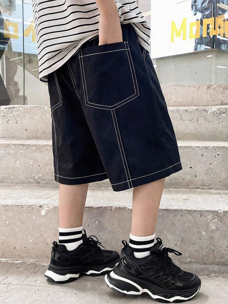 Boys' casual solid color loose straight woven shorts