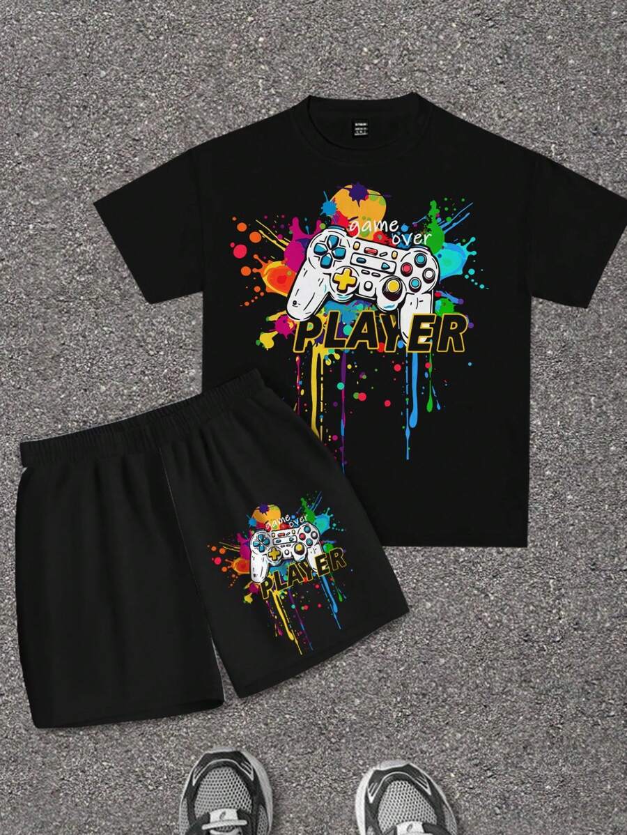 Casual Teen Boys Colorful Graphic Game Controller Printed T-Shirt and Shorts Set (Summer)