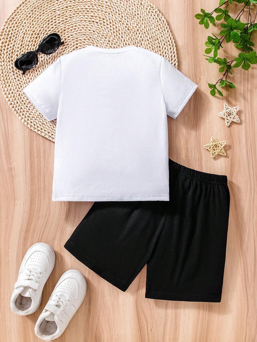Boys Casual Cartoon Print Crew Neck Short Sleeve T-Shirt and Shorts Set