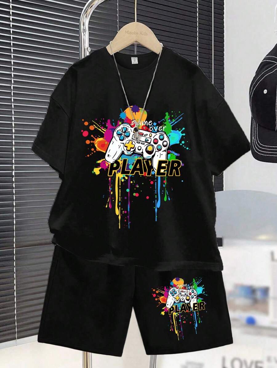 Casual Teen Boys Colorful Graphic Game Controller Printed T-Shirt and Shorts Set (Summer)