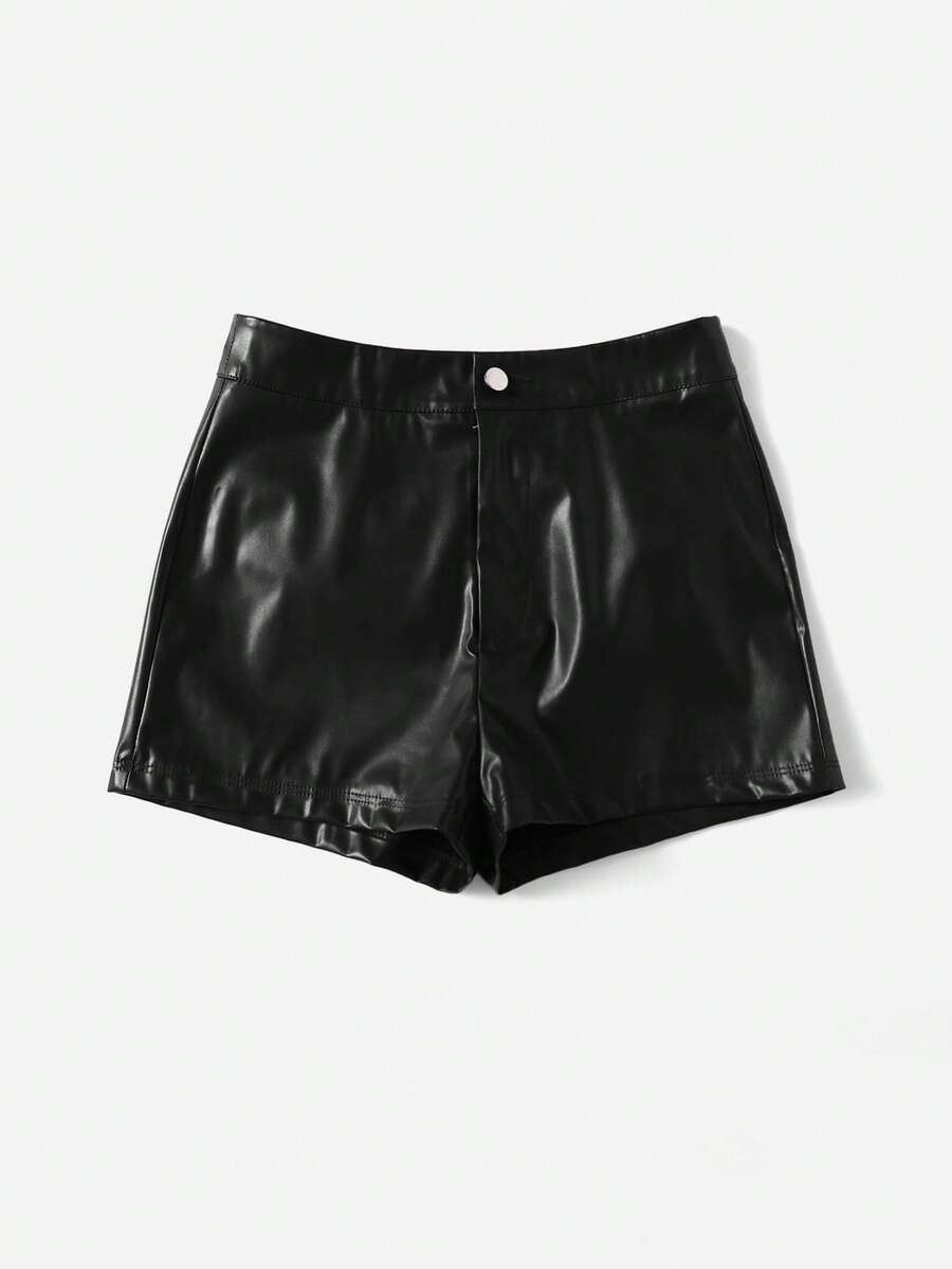 Girls solid color PU leather shorts, black, high waist shorts, suitable for daily, party, casual, commuting