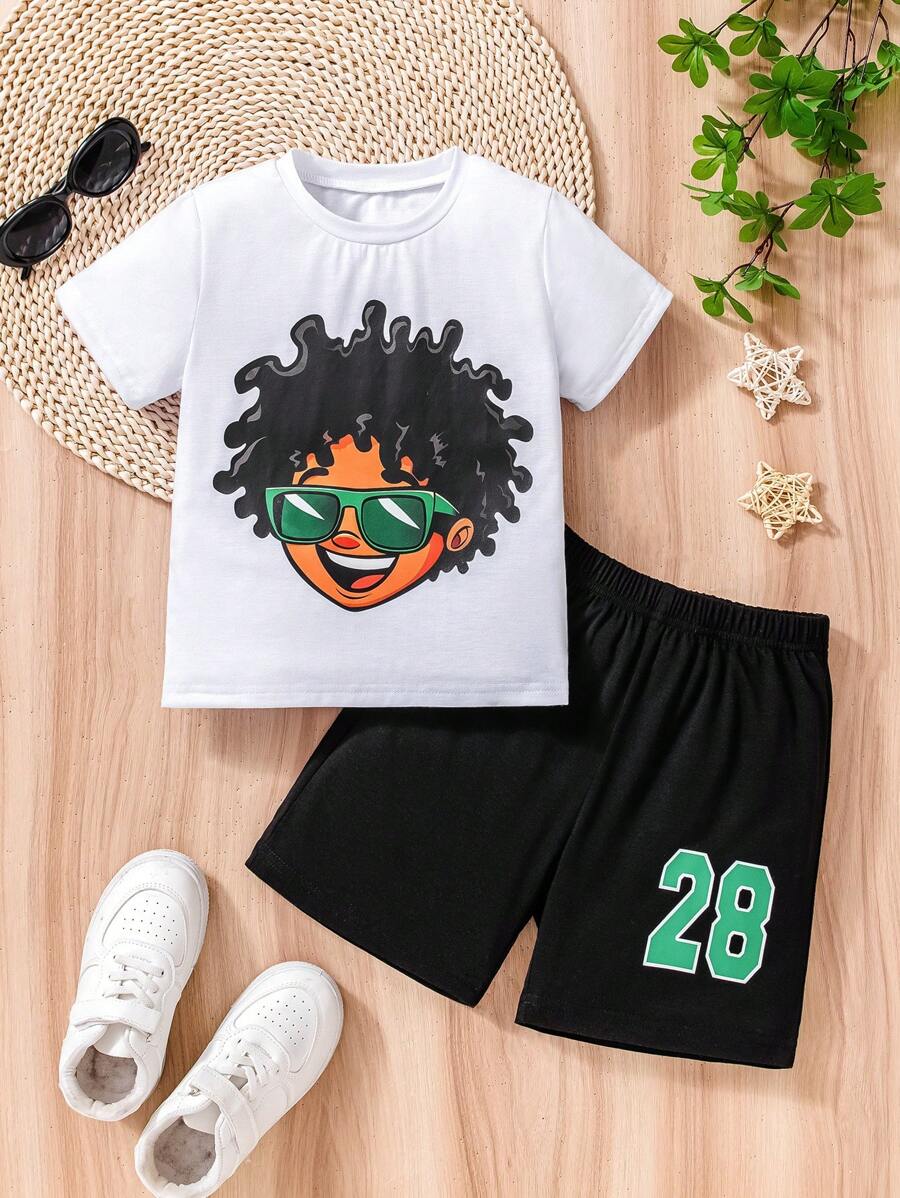 Boys Casual Cartoon Print Crew Neck Short Sleeve T-Shirt and Shorts Set