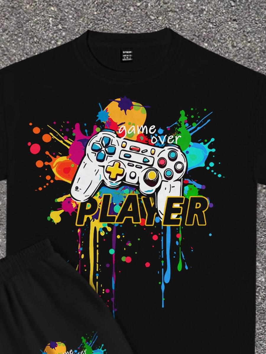 Casual Teen Boys Colorful Graphic Game Controller Printed T-Shirt and Shorts Set (Summer)