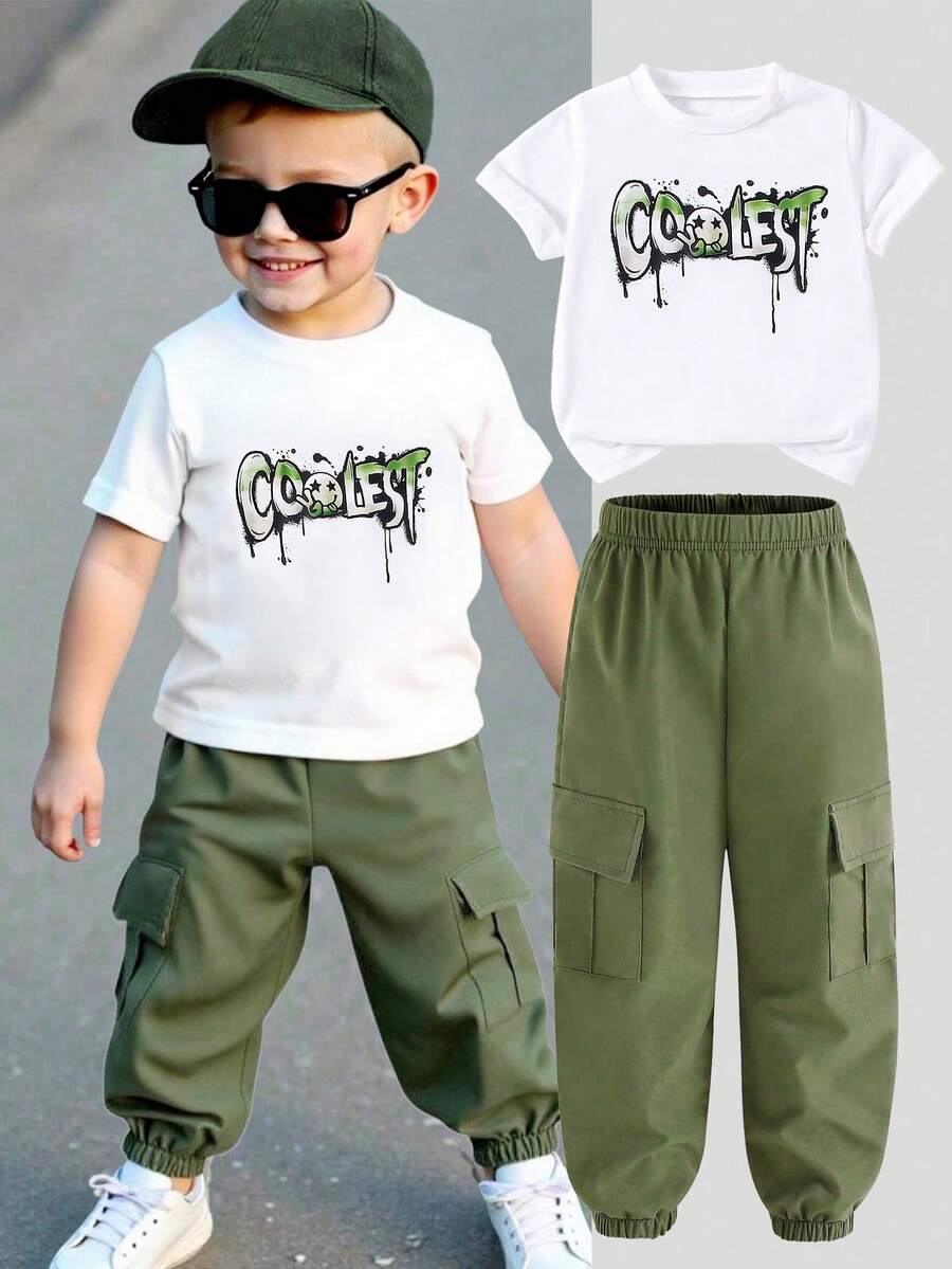 A two-piece boy's suit, including a white short-sleeved T-shirt with 