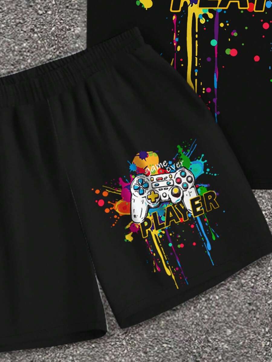 Casual Teen Boys Colorful Graphic Game Controller Printed T-Shirt and Shorts Set (Summer)