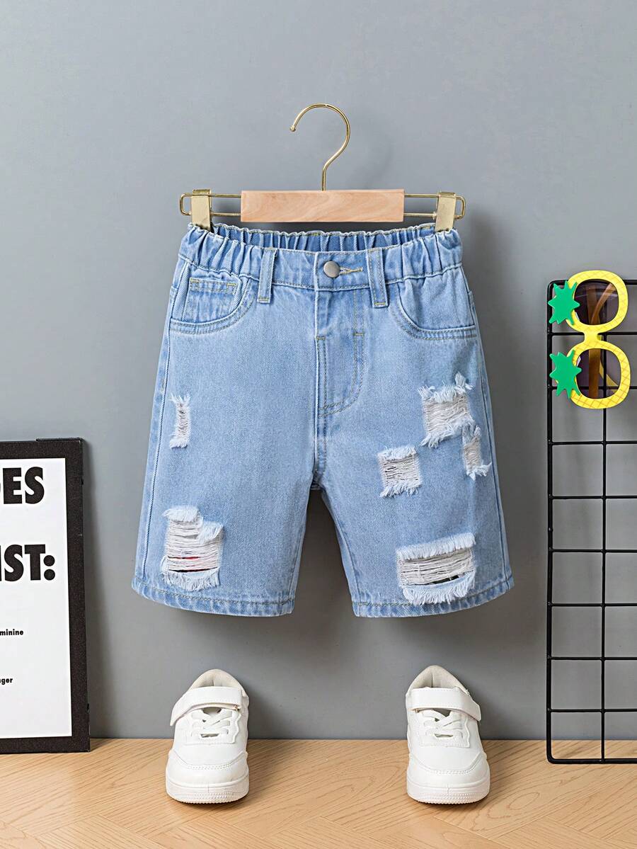 New summer products for boys' jeans: fashionable casual denim shorts, light blue denim, retro distressed hole design, straight and loose fit, comfortable and soft fabric.