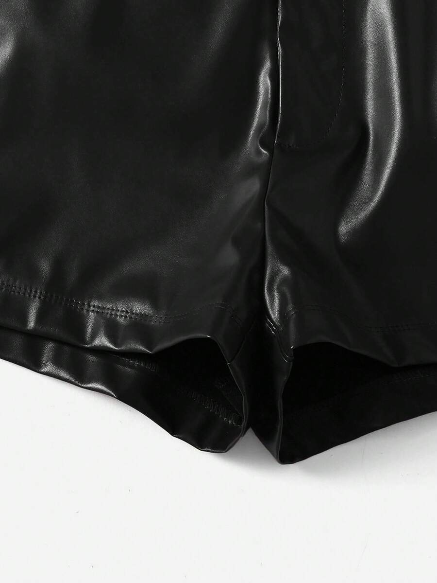 Girls solid color PU leather shorts, black, high waist shorts, suitable for daily, party, casual, commuting
