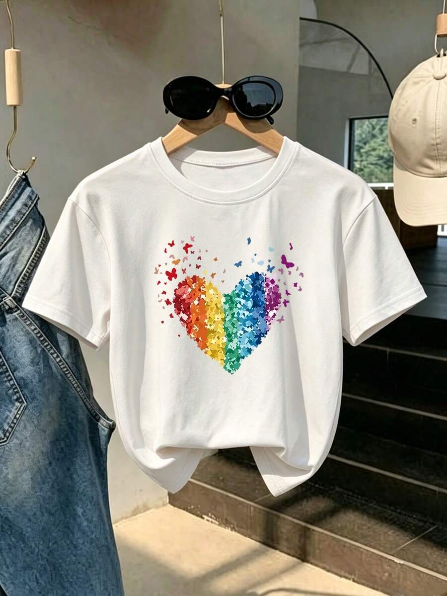 Girls student casual printed white round neck short-sleeved T-shirt, summer top