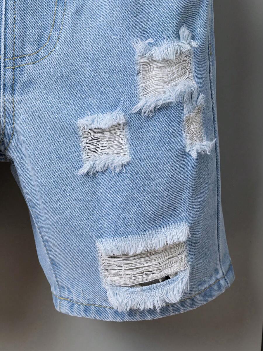 New summer products for boys' jeans: fashionable casual denim shorts, light blue denim, retro distressed hole design, straight and loose fit, comfortable and soft fabric.
