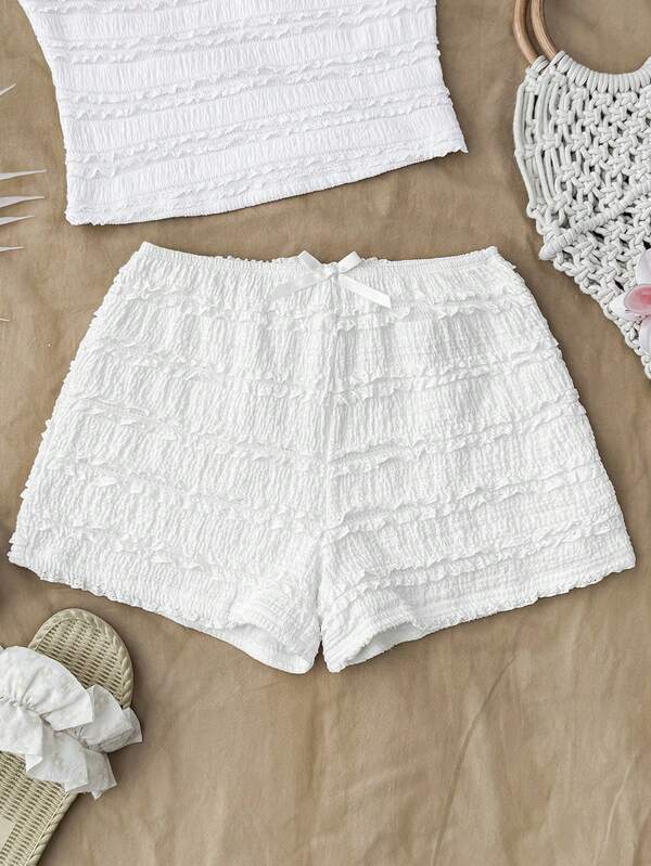 Girly white jacquard textured shorts with bow, knitted shorts, cute shorts, girly style